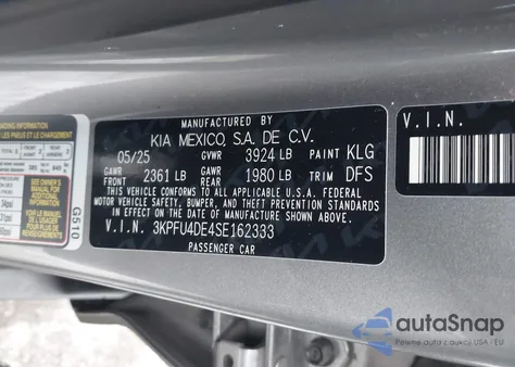 2025 Kia K4 Ex из США, поврежденный, VIN 3KPFU4DE4SE162333